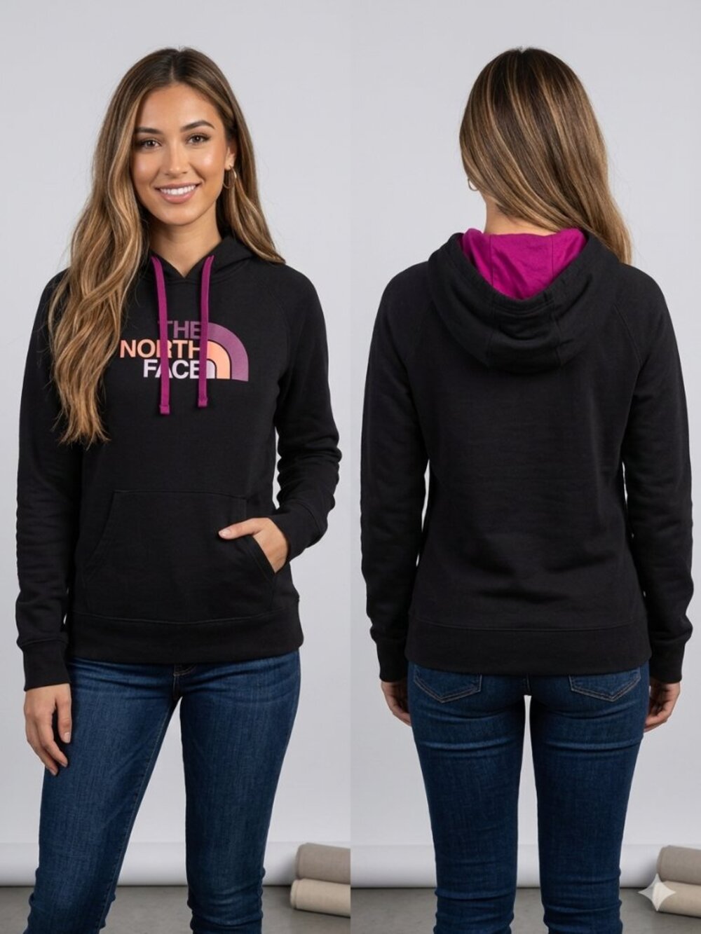 The North Face Size M pullover hoodie with multicolor half dome logo and purple